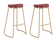 Set Of Two 31" Burgundy And Gold Steel Backless Bar Height Chairs With Footrest