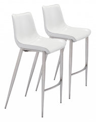 Set Of Two 43" White And Silver Steel Low Back Bar Height Chairs With Footrest