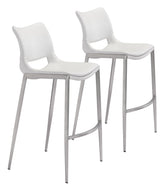 Set Of Two 41" White And Silver Steel Low Back Bar Height Chairs With Footrest