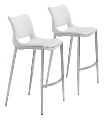 Set Of Two 41" White And Silver Steel Low Back Bar Height Chairs With Footrest