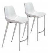 Set Of Two 40" White And Silver Steel Low Back Counter Height Bar Chairs With Footrest