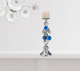 Set Of Two Silver and Blue Bling Tabletop Pillar Candle Holders
