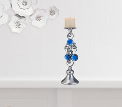 Set Of Two Silver and Blue Bling Tabletop Pillar Candle Holders