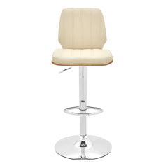 44" Cream And Walnut Faux Leather And Steel Swivel Adjustable Height Bar Chair