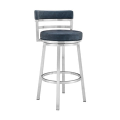 40" Blue Faux Leather And Iron Swivel Low Back Bar Height Chair