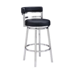 39" Black Faux Leather And Iron Swivel Low Back Bar Height Chair