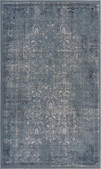 10' X 13' Blue Silver Gray And Cream Damask Distressed Stain Resistant Area Rug