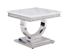 20" Silver And White Marble Look Stainless Steel Square End Table