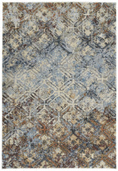 10' X 13'  Brown Light Blue And Gray Distressed Diamond Area Rug