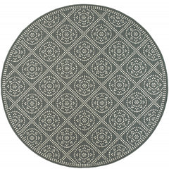 8' Grey Round Geometric Stain Resistant Indoor Outdoor Area Rug