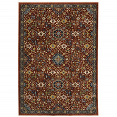 10' X 13' Red Blue Gold And Ivory Oriental Power Loom Stain Resistant Area Rug With Fringe