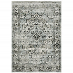 10' X 13' Ivory Grey Charcoal Blue And Taupe Oriental Power Loom Stain Resistant Area Rug