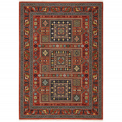 10' X 13' Red Blue Beige And Green Oriental Power Loom Stain Resistant Area Rug With Fringe