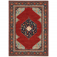 10' X 13' Red Blue Orange And Ivory Oriental Power Loom Stain Resistant Area Rug With Fringe