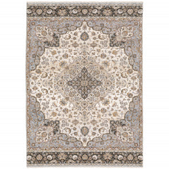 10' X 13' Ivory And Blue Oriental Power Loom Stain Resistant Area Rug With Fringe