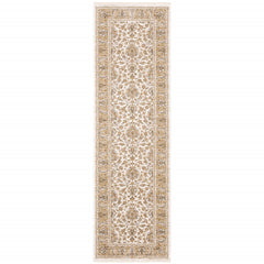 2' X 8' Ivory And Gold Oriental Power Loom Stain Resistant Runner Rug With Fringe