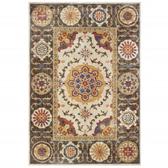 10' X 13' Ivory And Brown Oriental Power Loom Stain Resistant Area Rug