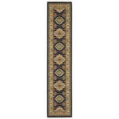 12' Navy Charcoal Orange Rust Gold Pale Blue Olive Beige And Salmon Oriental Power Loom Runner Rug With Fringe