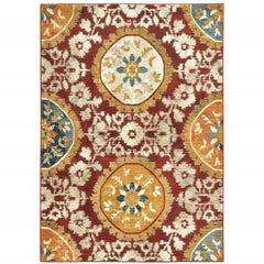 10' X 13' Red Gold Teal Grey Ivory And Blue Oriental Power Loom Stain Resistant Area Rug