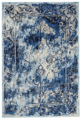 10' X 14' Blue Ivory And Gray Floral Distressed Stain Resistant Area Rug