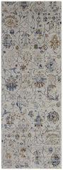 12' Ivory Orange And Blue Floral Power Loom Distressed Runner Rug With Fringe