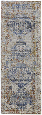 12' Ivory Orange And Blue Floral Power Loom Distressed Runner Rug With Fringe
