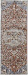 10' Orange Ivory And Blue Floral Power Loom Runner Rug With Fringe
