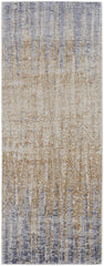 12' Tan Brown And Blue Abstract Power Loom Distressed Runner Rug