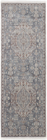 12' Blue And Ivory Floral Power Loom Runner Rug