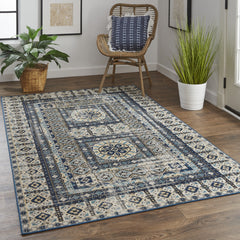 10' X 13' Ivory Tan And Blue Abstract Power Loom Distressed Stain Resistant Area Rug