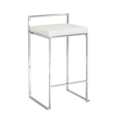 31" White Faux Leather And Solid Wood Low Back Bar Height Chair With Footrest