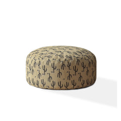 24" Beige Cotton Round Floral Pouf Ottoman