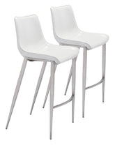 Set Of Two 43" White And Silver Steel Low Back Bar Height Chairs With Footrest