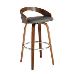 35" Gray And Brown Faux Leather Swivel Low Back Bar Height Chair With Footrest