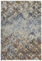 10' X 13' Brown Light Blue And Gray Distressed Diamond Area Rug