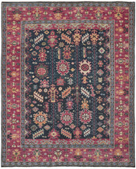 10' X 13' Pink Blue And Orange Wool Floral Hand Knotted Distressed Stain Resistant Area Rug With Fringe