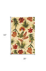 3' X 5' Ivory Green and Orange Wool Tropical Floral Handmade Area Rug