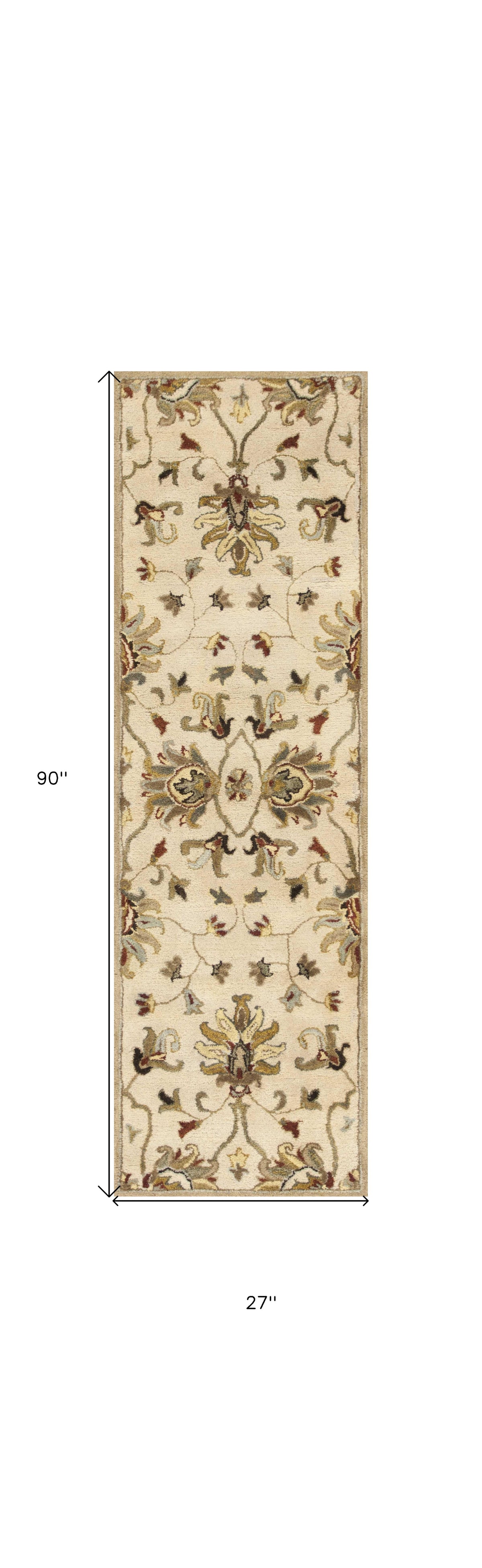 8' Champagne Wool Floral Handmade Runner Rug