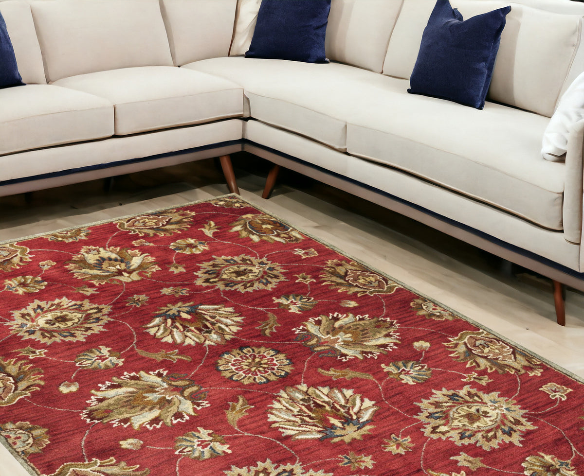 9' X 13' Red and Ivory Wool Floral Handmade Area Rug