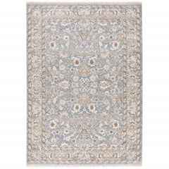 7' X 10' Blue Ivory Machine Woven Floral Oriental Indoor Area Rug
