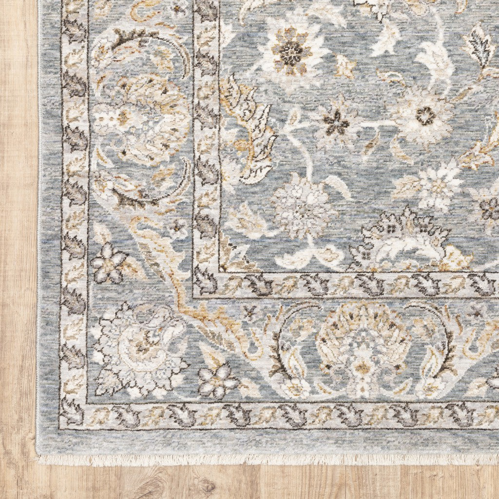 9' X 12' Blue Ivory Machine Woven Floral Oriental Indoor Area Rug