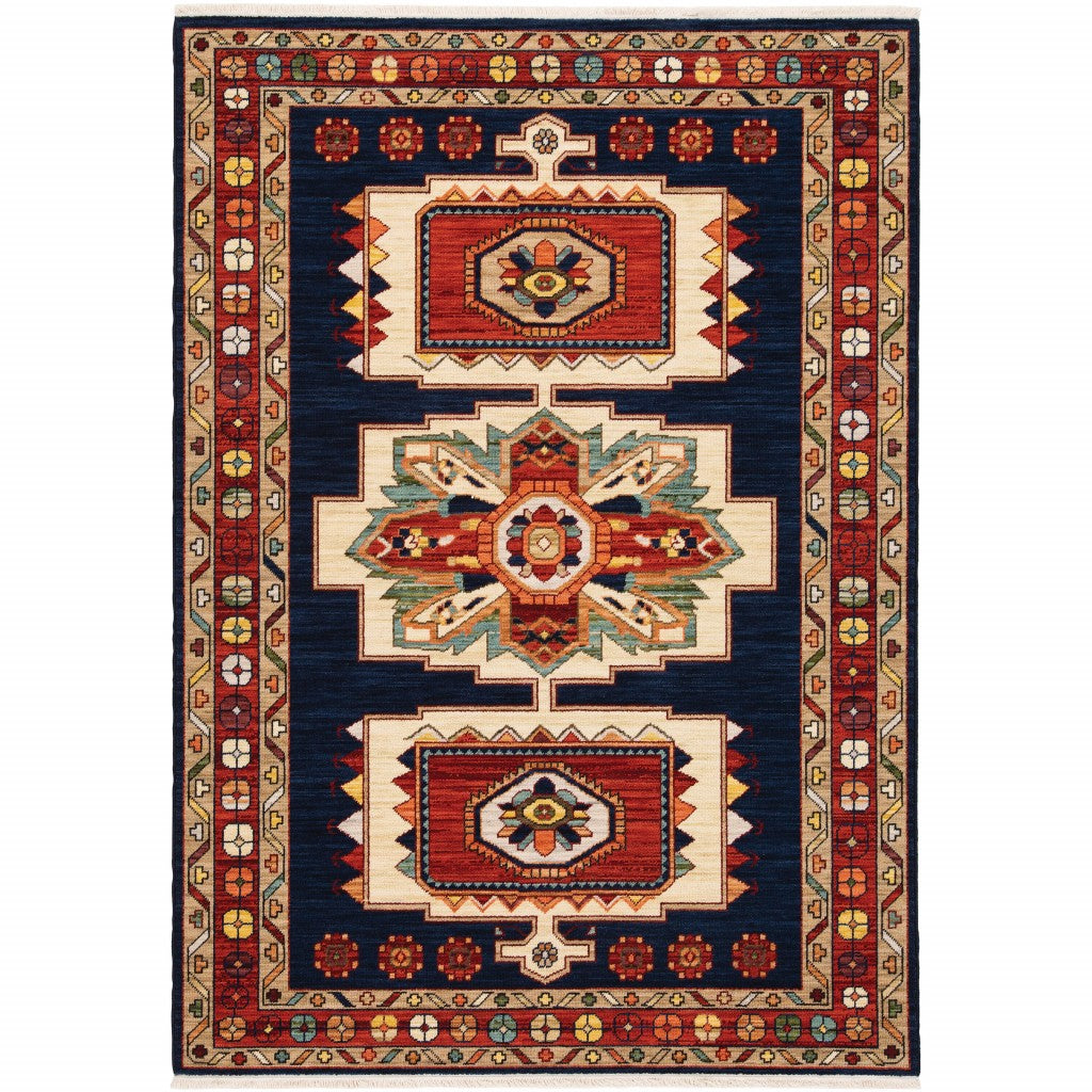 6' X 9' Blue Red Machine Woven Medallions Indoor Area Rug