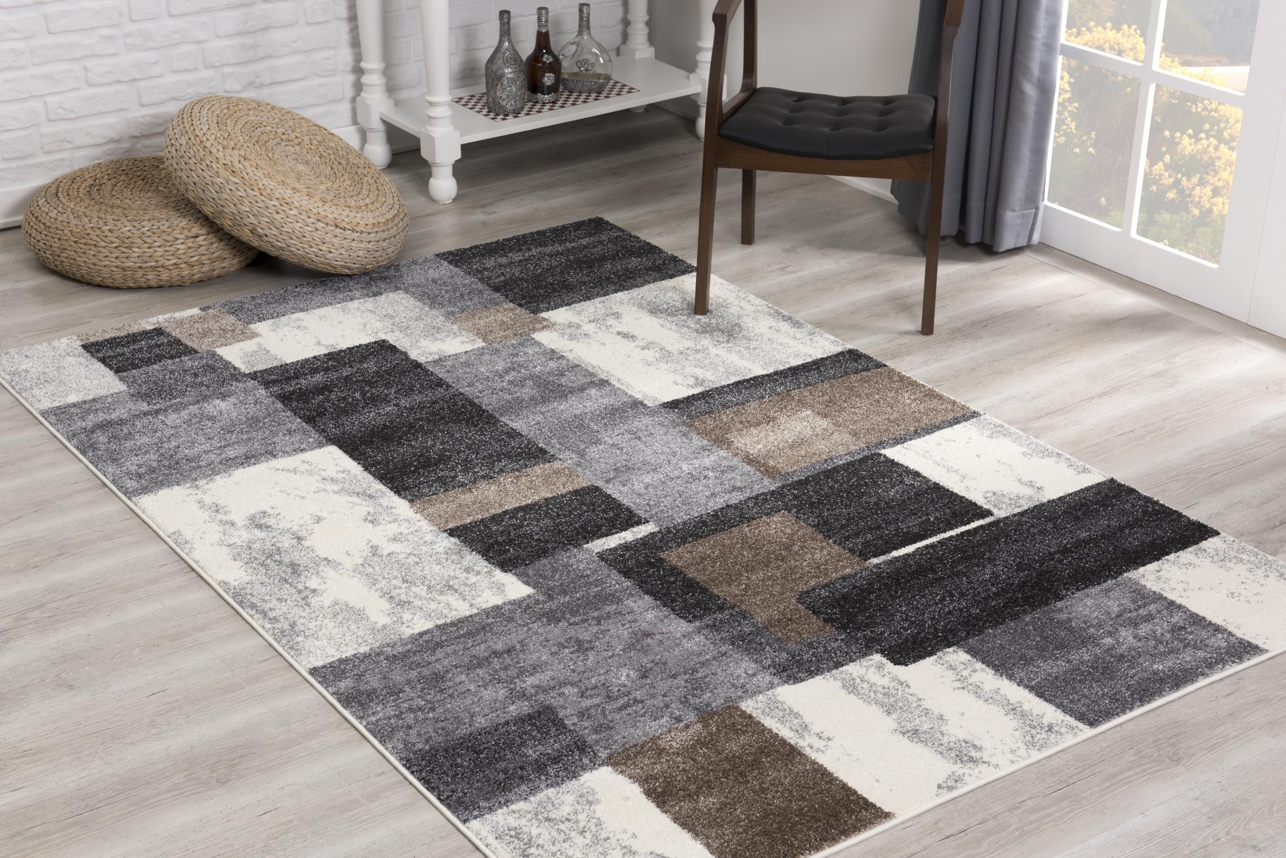 7’ X 9’ Brown Distressed Geometric Area Rug