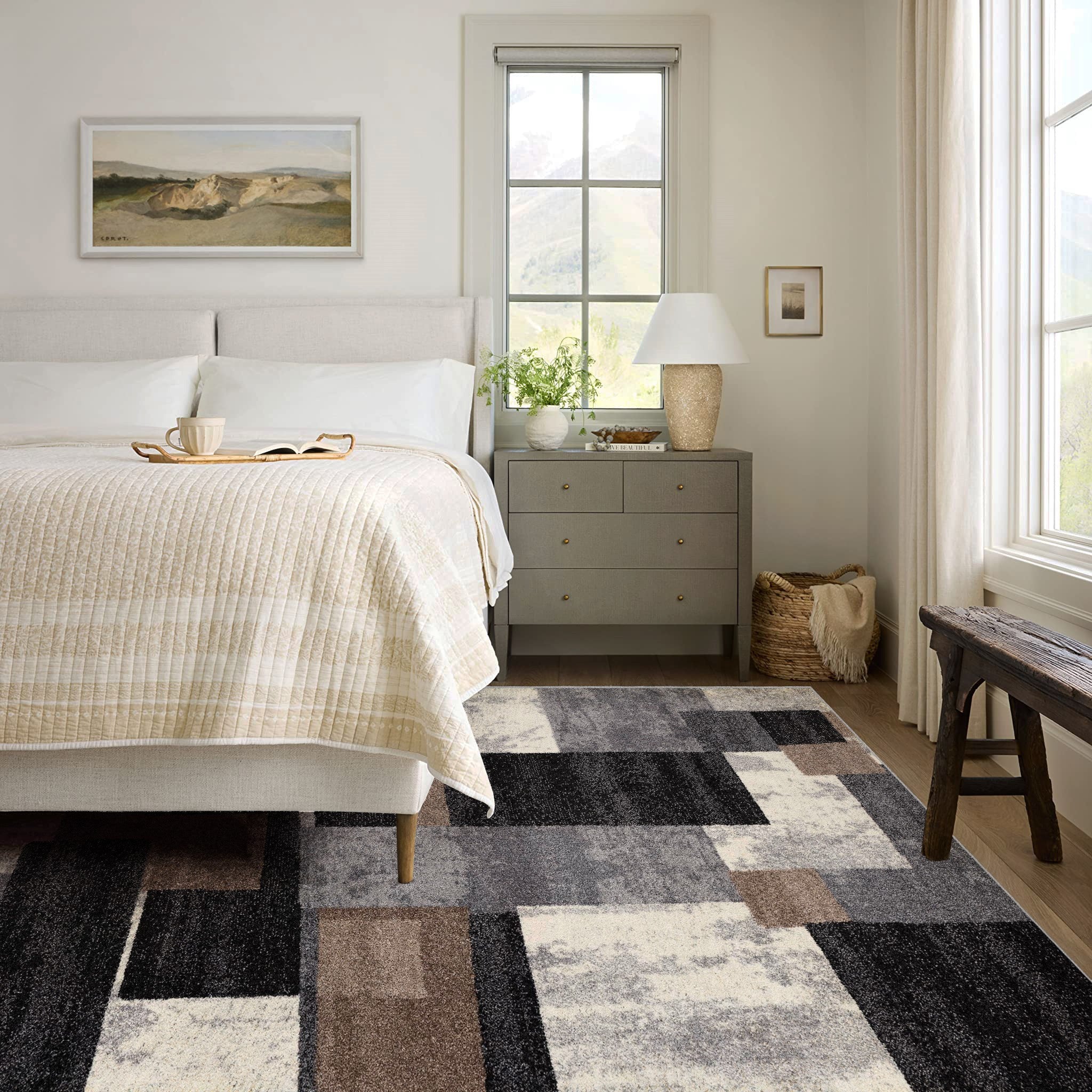 7’ X 9’ Brown Distressed Geometric Area Rug