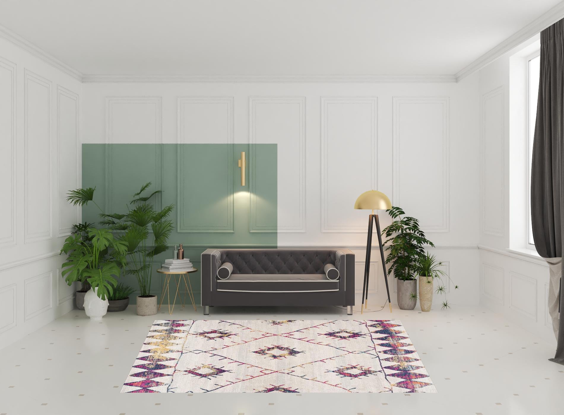 7' X 10' Cream Damask Area Rug