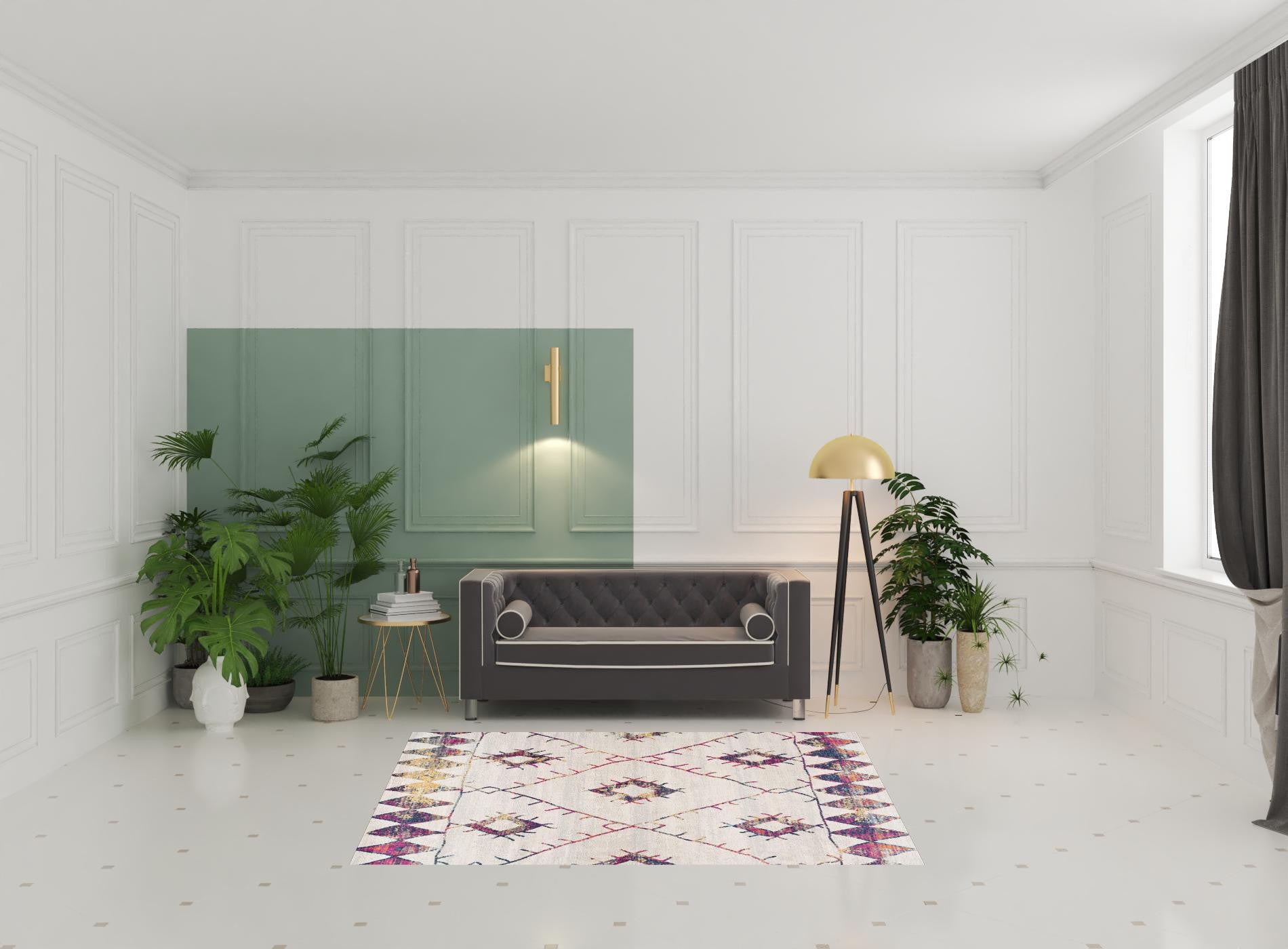 5' X 8' Cream Damask Area Rug