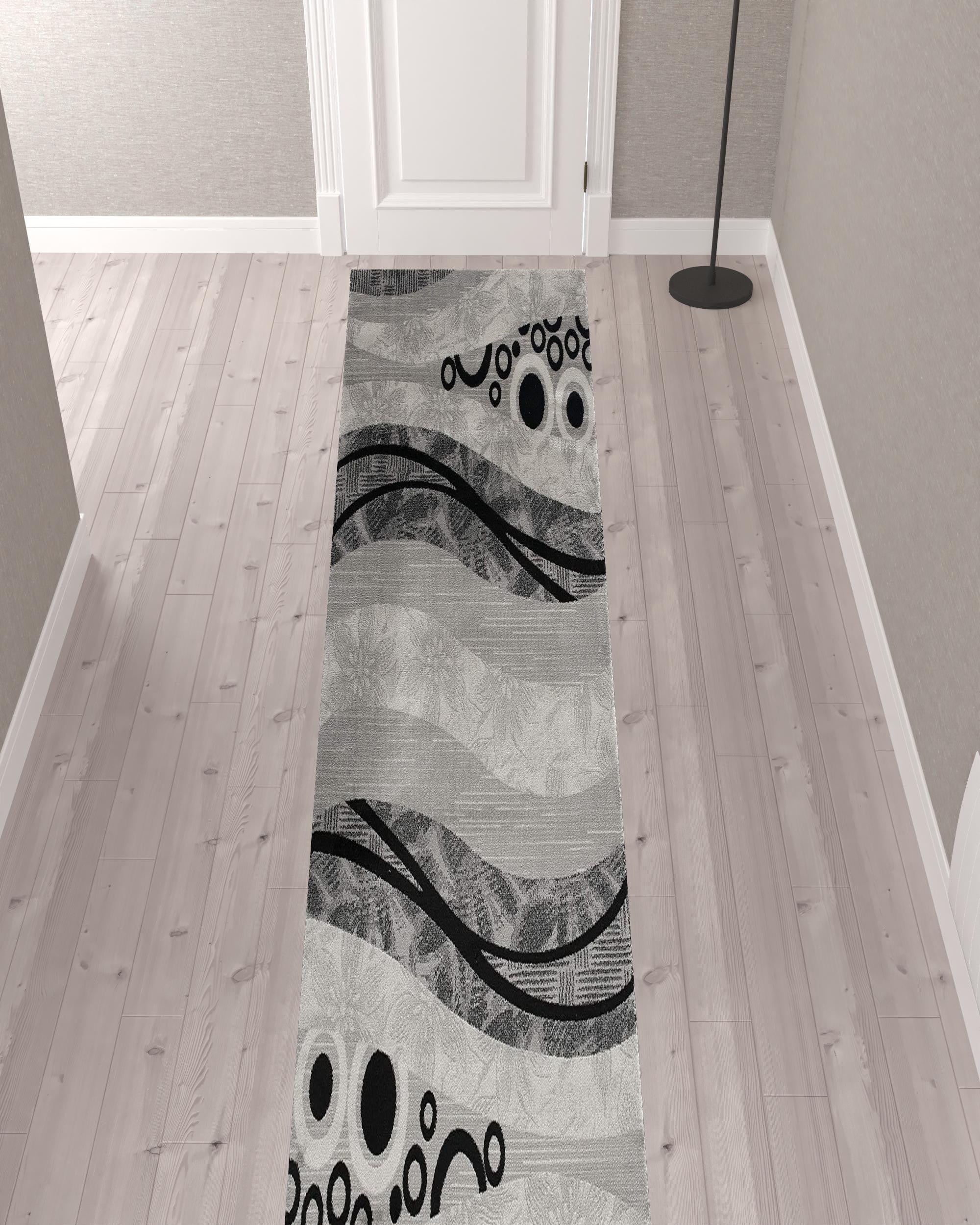 13' Runner Grey Abstract Power Loom Runner Rug