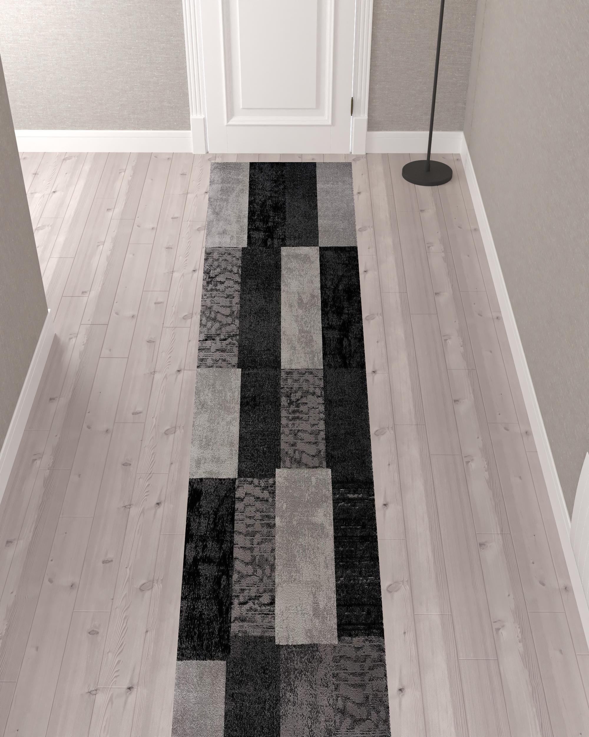 13' Runner Grey Checkered Power Loom Runner Rug