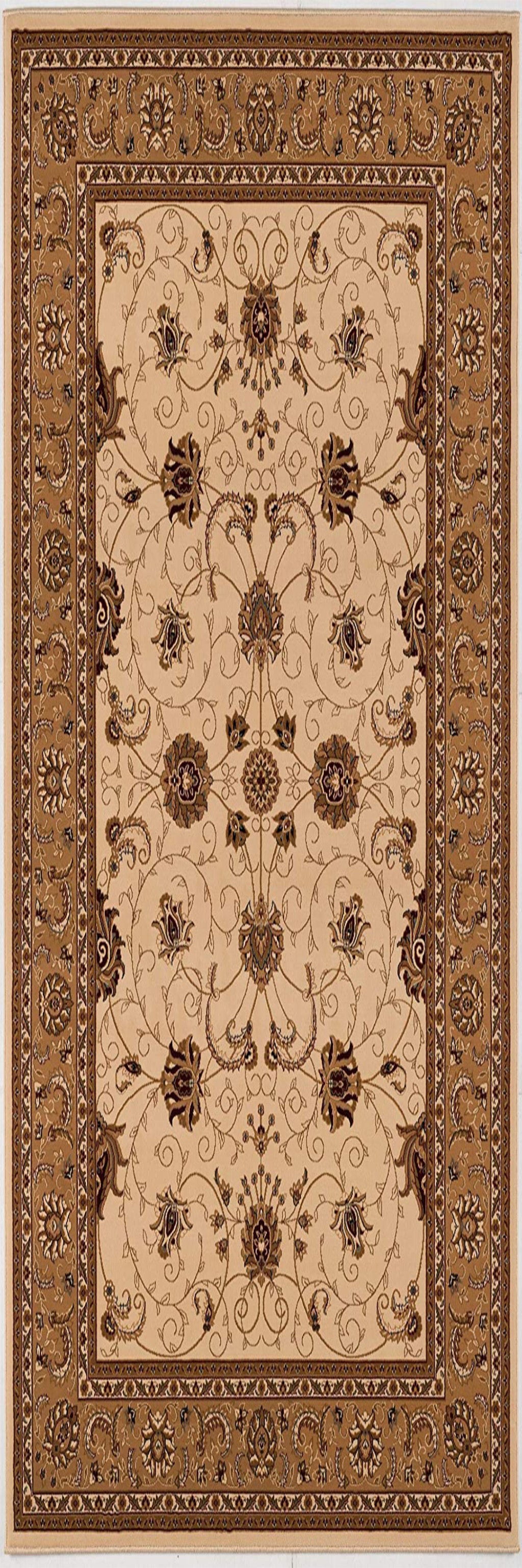 2’ x 8’ Cream and Tan Ornate Border Runner Rug