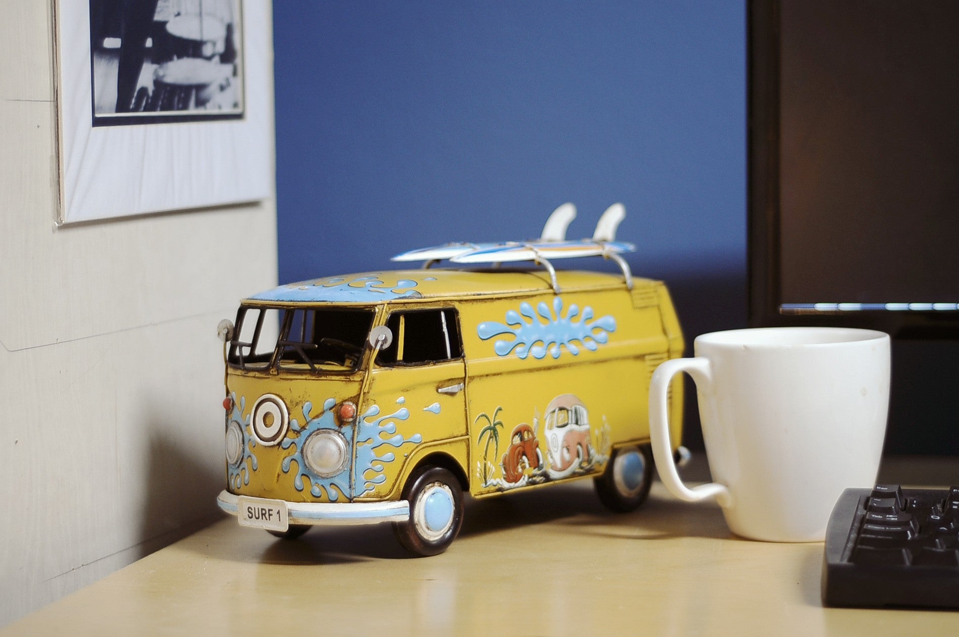 8" Blue and Yellow Metal c1967 Volkswagen Hand Painted Decorative Bus